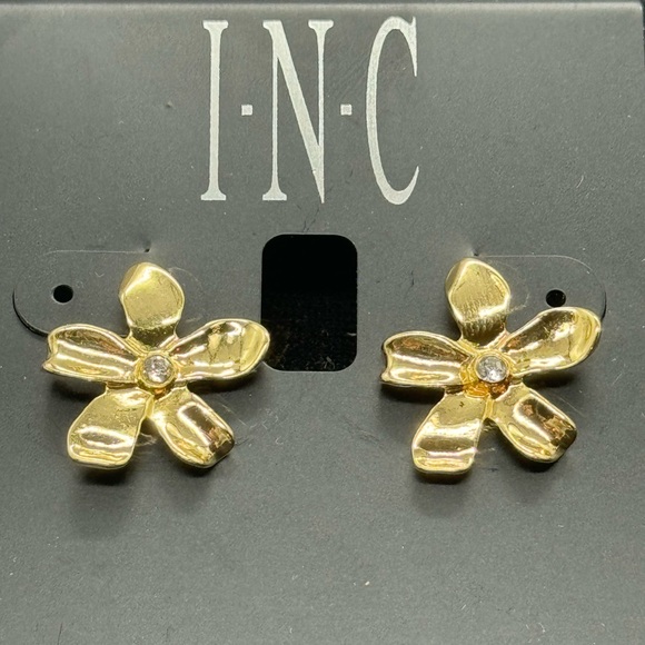 INC Gold Tone Flower with Crystal Post Earrings - Picture 2 of 12
